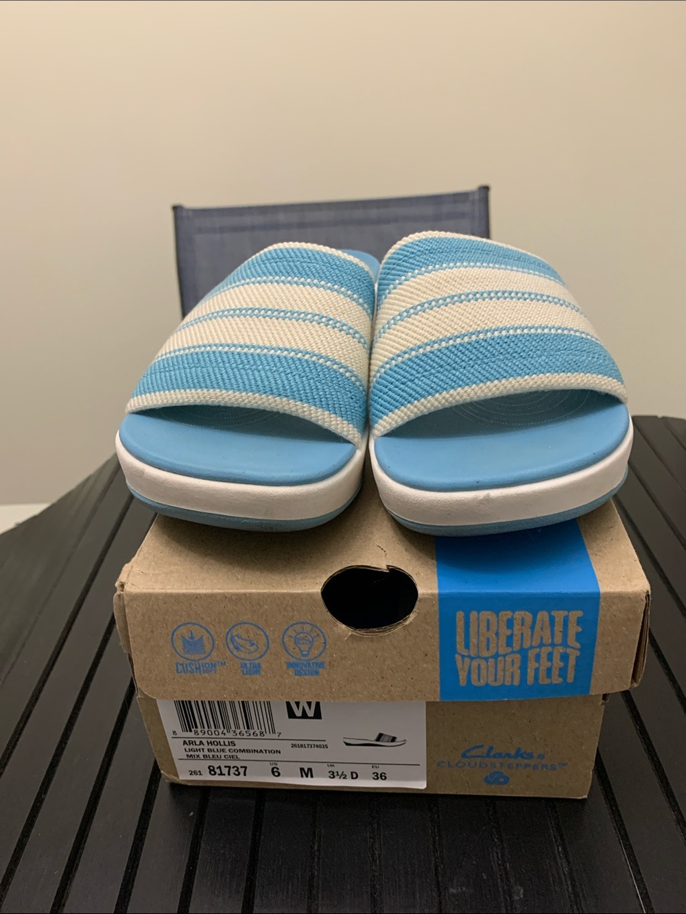 Clarks Blue and White Slide Sandals